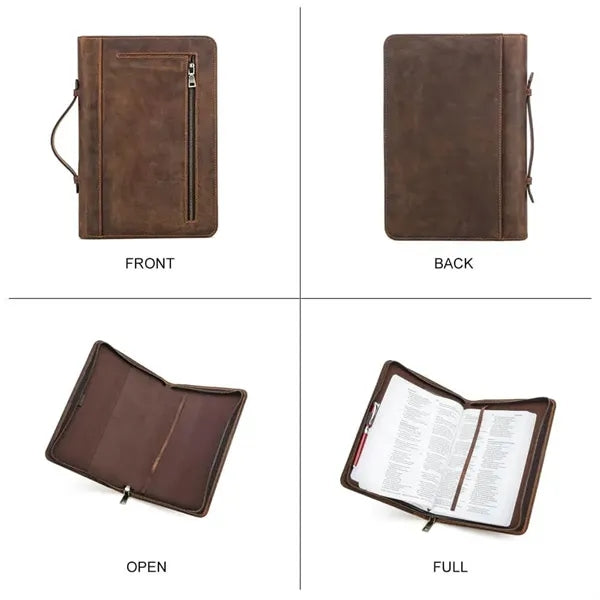 Crazy Horse Leather Zipper Tote Book Cover with Pen Holder