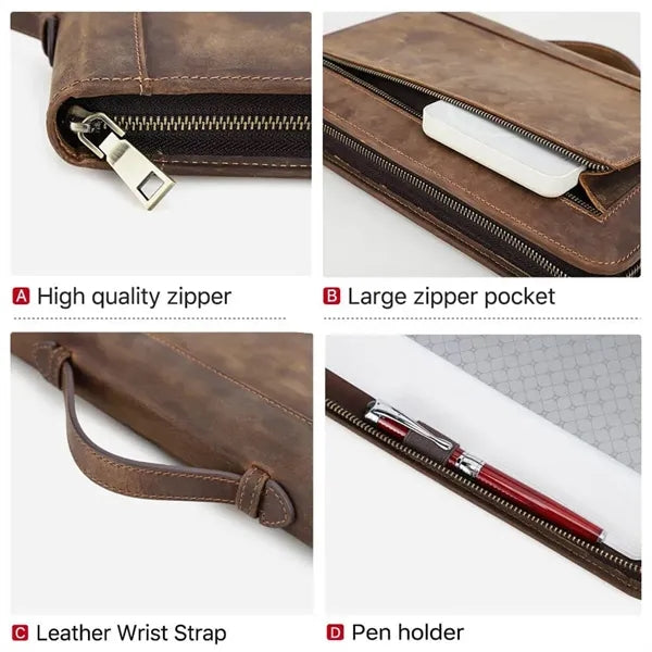 Crazy Horse Leather Zipper Tote Book Cover with Pen Holder