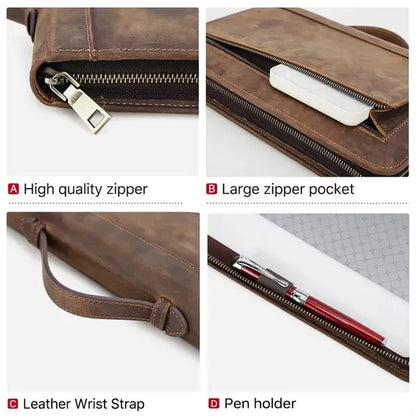 Crazy Horse Leather Zipper Tote Book Cover with Pen Holder
