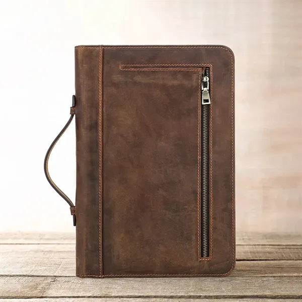 Crazy Horse Leather Zipper Tote Book Cover with Pen Holder