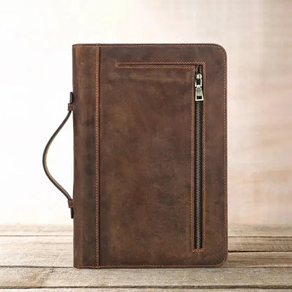 Crazy Horse Leather Zipper Tote Book Cover with Pen Holder