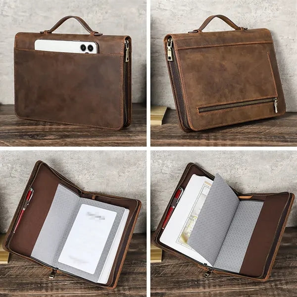Crazy Horse Leather Zipper Tote Book Cover with Pen Holder