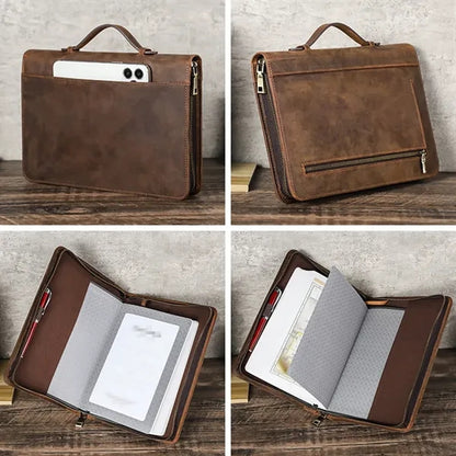 Crazy Horse Leather Zipper Tote Book Cover with Pen Holder