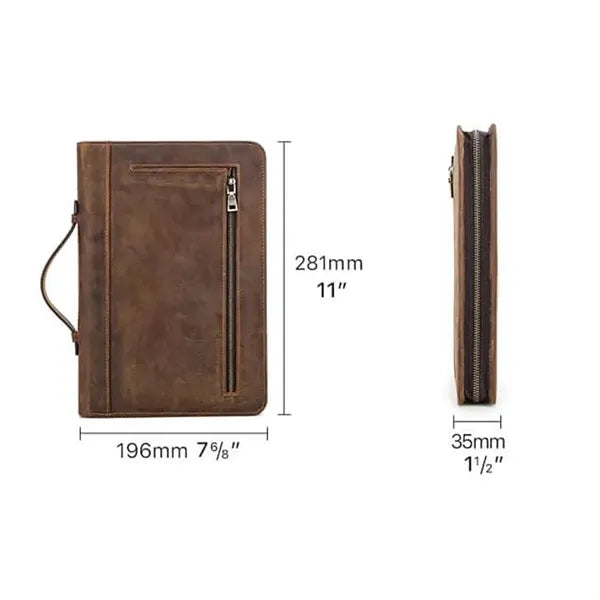 Crazy Horse Leather Zipper Tote Book Cover with Pen Holder