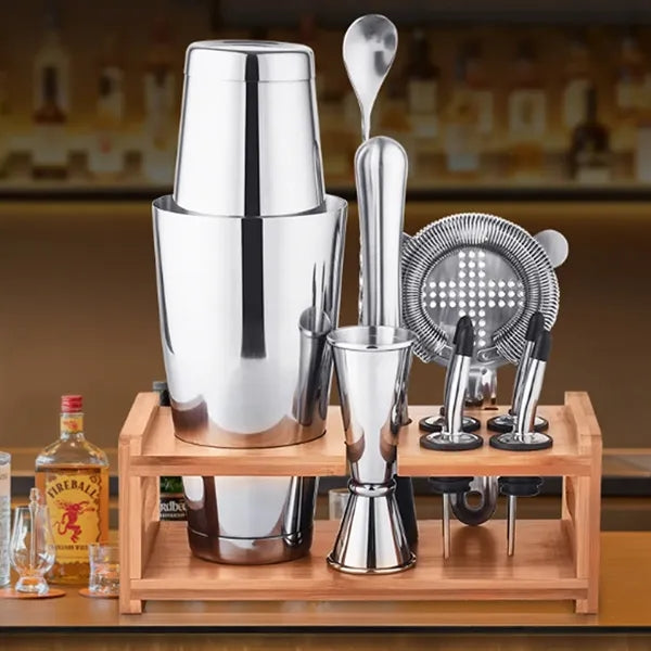 23oz. Stainless Steel Cocktail Shaker Set with Bamboo Stand