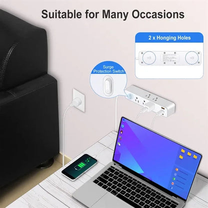 12-in-1 Flat Plug Power Strip with 9 AC Outlets and 3 USB