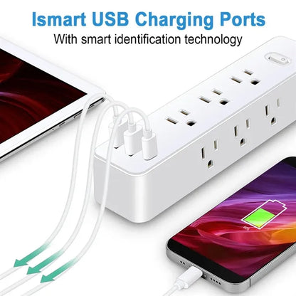 12-in-1 Flat Plug Power Strip with 9 AC Outlets and 3 USB