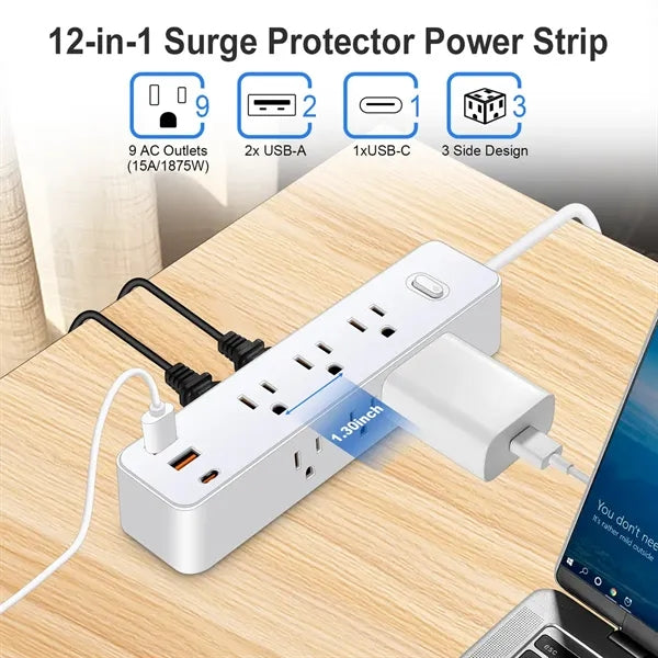 12-in-1 Flat Plug Power Strip with 9 AC Outlets and 3 USB