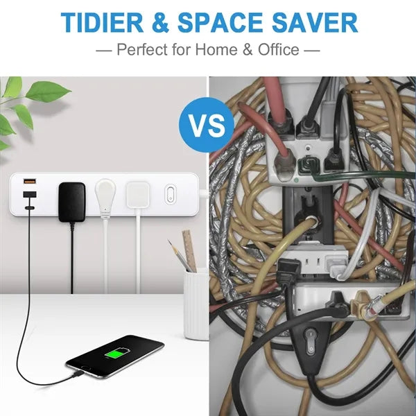 12-in-1 Flat Plug Power Strip with 9 AC Outlets and 3 USB