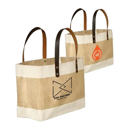 Stylish Laminated Jute & Cotton Tote with Leather Handles