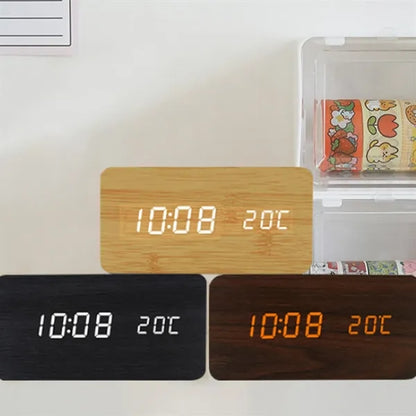 LED Wooden Digital Alarm Clock Multifunction Desk Display