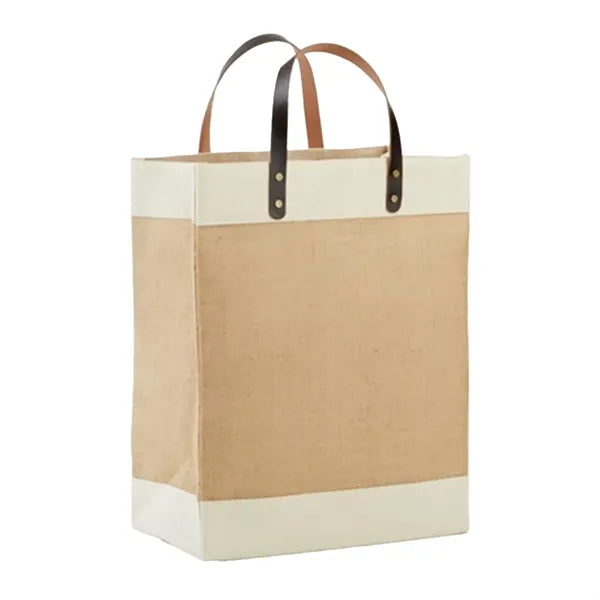Laminated Jute Tote Bag with Cotton Accents and Leather Hand