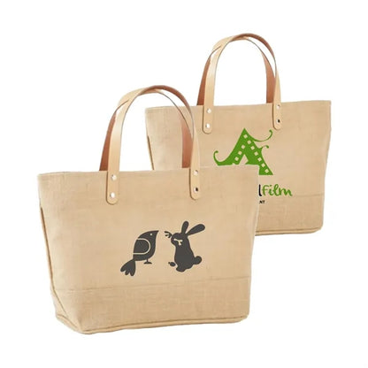 Compact Jute Tote with Leather Handles & Secure Closure