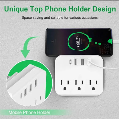 Compact 6-in-1 Power Strip with 3 AC Outlets and 3 USB Ports