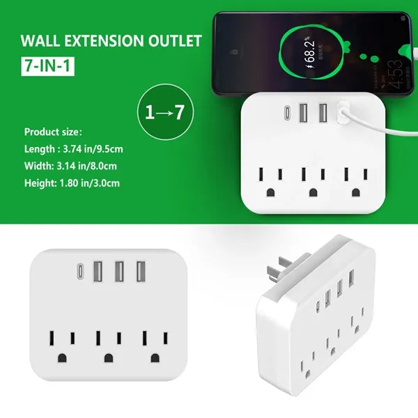Compact 6-in-1 Power Strip with 3 AC Outlets and 3 USB Ports