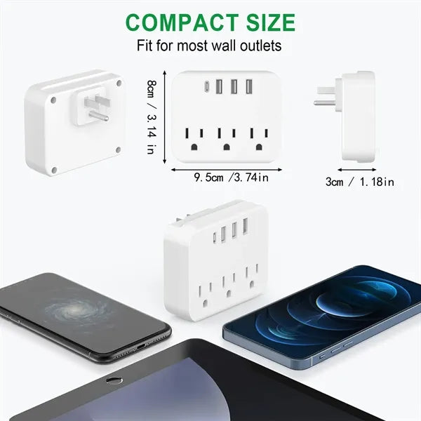 Compact 6-in-1 Power Strip with 3 AC Outlets and 3 USB Ports