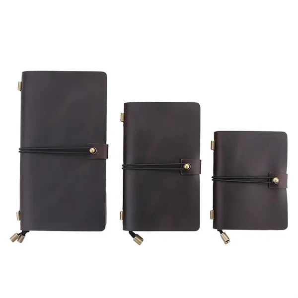 Refillable Genuine Leather Travel Notebooks w/ Elastic Rope