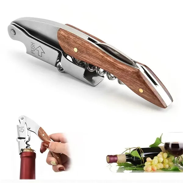 Wooden Handle Wine Opener with Stainless Steel Corkscrew