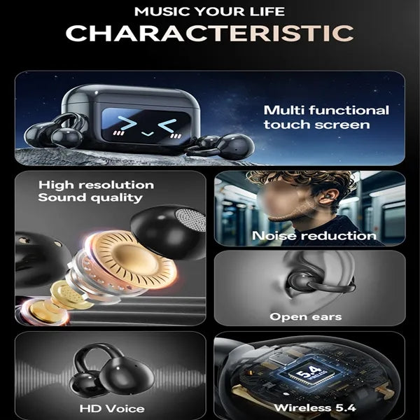 Wireless Bluetooth Ear Clip Earbuds Display Touch Control