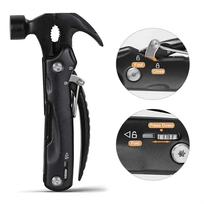 12 in 1 Multi-tool Claw Hammer w/ Pliers Safety Lock & Pouch
