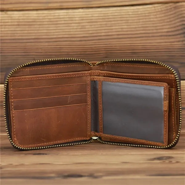 Slim Crazy Horse Leather RFID Wallet with Coin Compartment