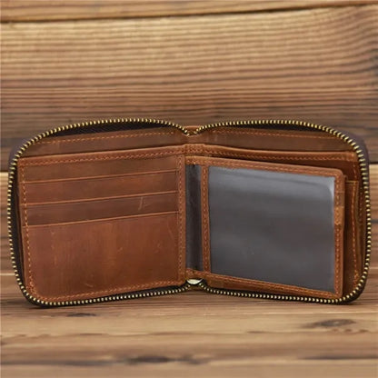Slim Crazy Horse Leather RFID Wallet with Coin Compartment