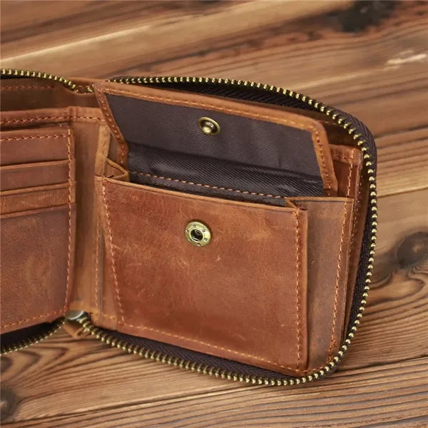 Slim Crazy Horse Leather RFID Wallet with Coin Compartment