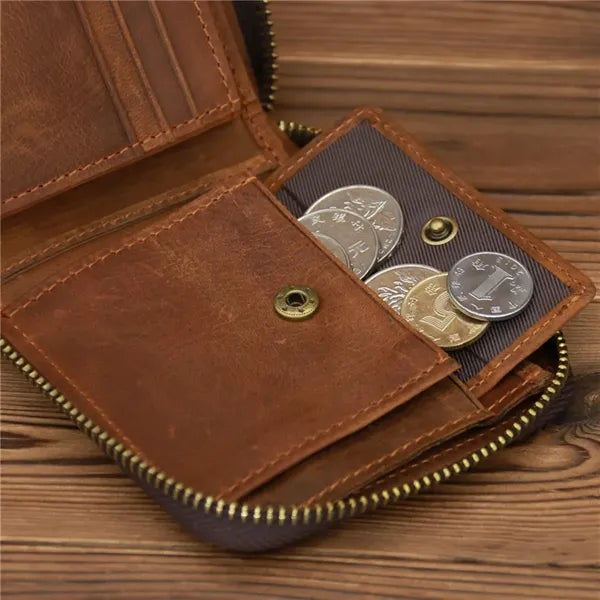 Slim Crazy Horse Leather RFID Wallet with Coin Compartment