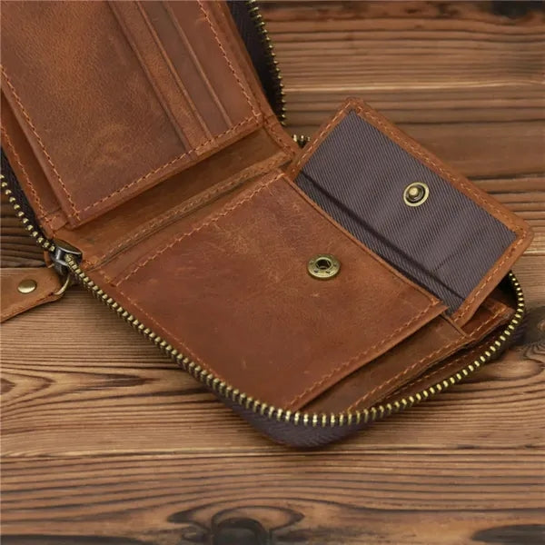 Slim Crazy Horse Leather RFID Wallet with Coin Compartment