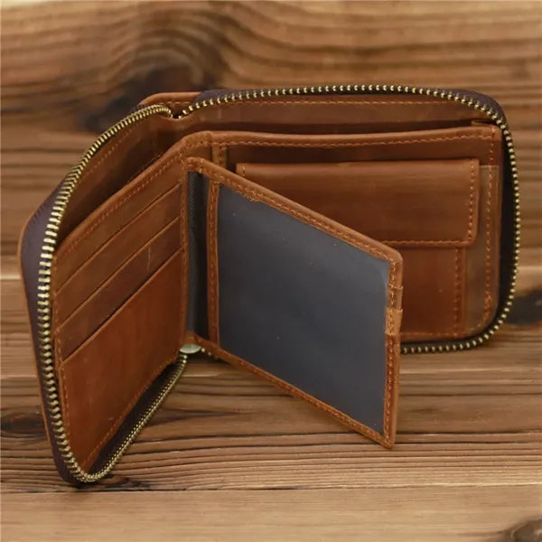 Slim Crazy Horse Leather RFID Wallet with Coin Compartment