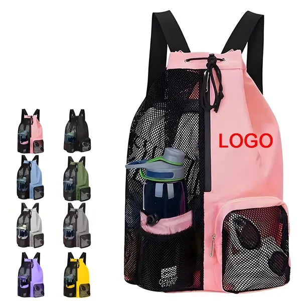 Portable Nylon Mesh Drawstring Backpack w/Wet Pocket