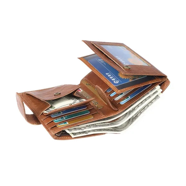 Genuine Leather Large Capacity RFID Blocking Short Wallet