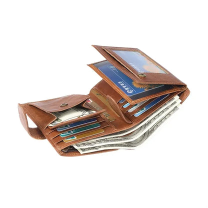 Genuine Leather Large Capacity RFID Blocking Short Wallet