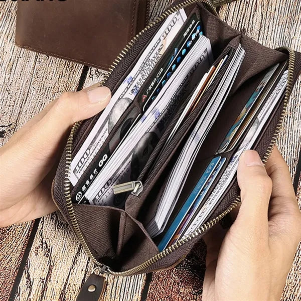 Genuine Leather RFID Blocking Zipper Around Long Wallet