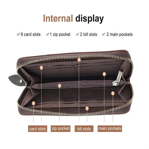 Genuine Leather RFID Blocking Zipper Around Long Wallet