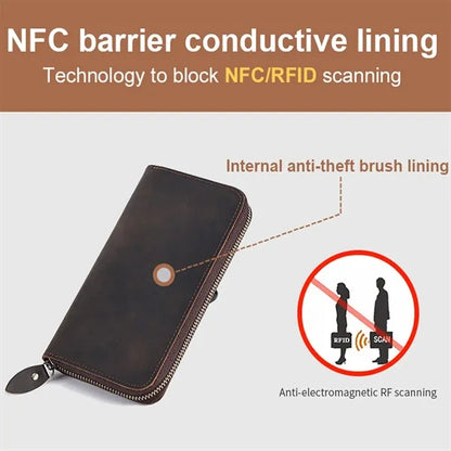 Genuine Leather RFID Blocking Zipper Around Long Wallet