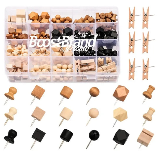147 Pcs Assorted Wooden Push Pins Display Craft Clips Set