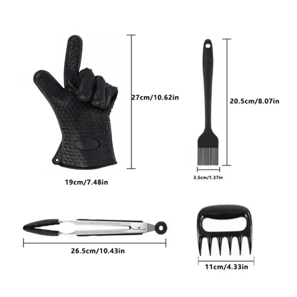 BBQ Tool Set with Silicone Gloves Brush Meat Claws & Tongs