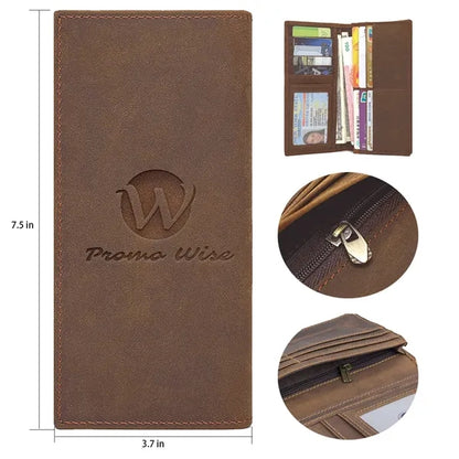 Genuine Leather Long Bifold Vintage Wallet with ID Window