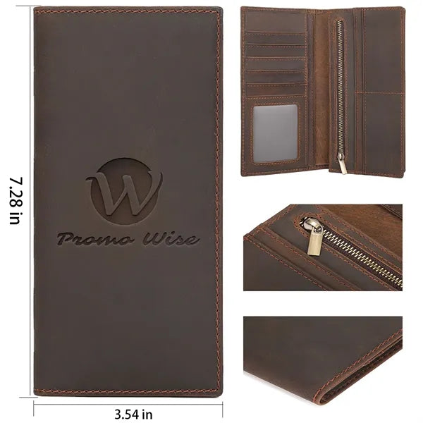 Cowhide Leather Long Bifold Wallet With Zip Pocket