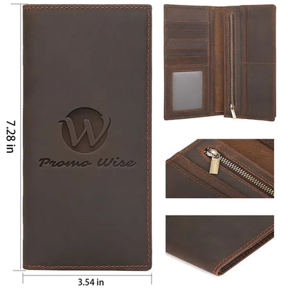 Cowhide Leather Long Bifold Wallet With Zip Pocket