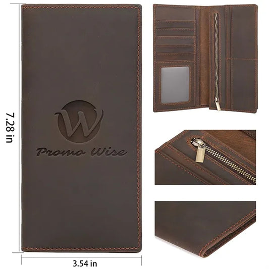 Cowhide Leather Long Bifold Wallet With Zip Pocket