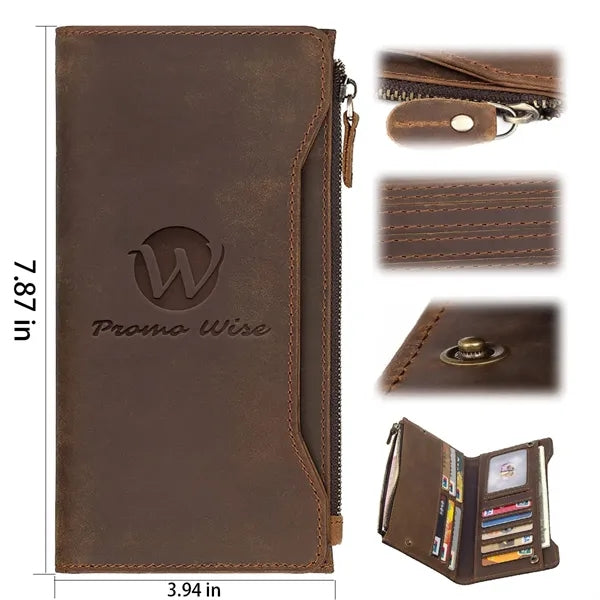 Genuine Leather Zippered Long Bifold RFID Wallet with Snap