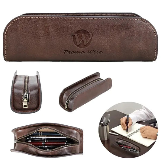 Handmade Large Capacity Leather Pencil Pouch with Zippered