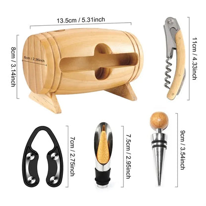 Wooden Barrel Wine Accessory Set with Corkscrew