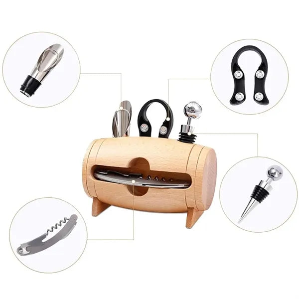 Wooden Barrel Wine Accessory Set with Corkscrew