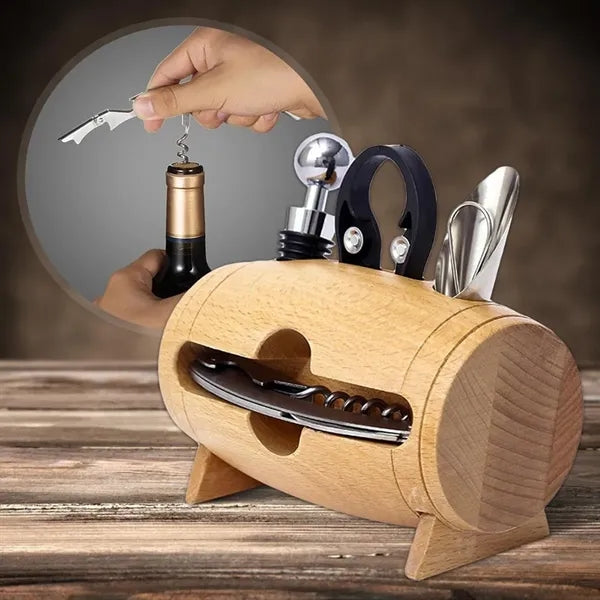 Wooden Barrel Wine Accessory Set with Corkscrew
