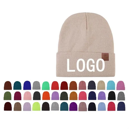 L Size Winter Solid Color Knit Beanie with Embroidered Logo