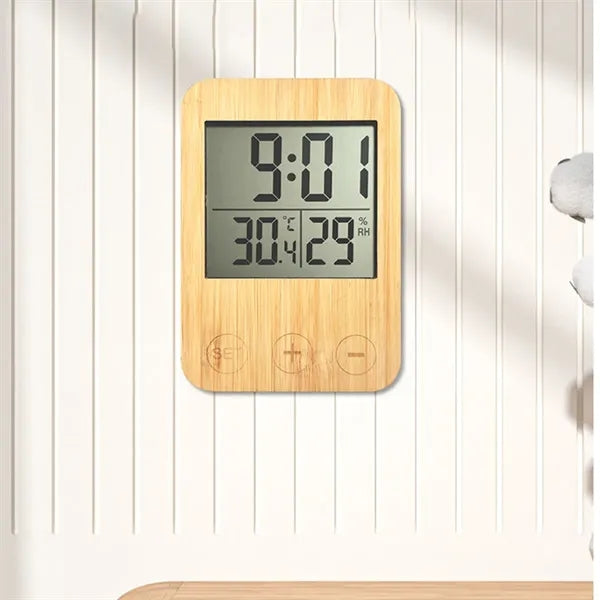 LED Bamboo Frame Clock with Temperature and Humidity Display