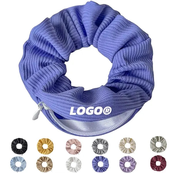 Striped Fabric Zipper Scrunchie Hair Tie With Pocket